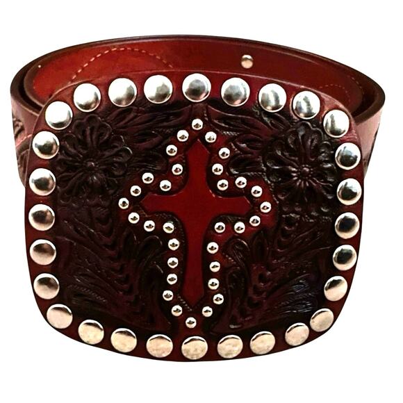 VTG Tooled Leather Belt Western Boho Cross Buckle Studded Brown Sz 34 main image 8